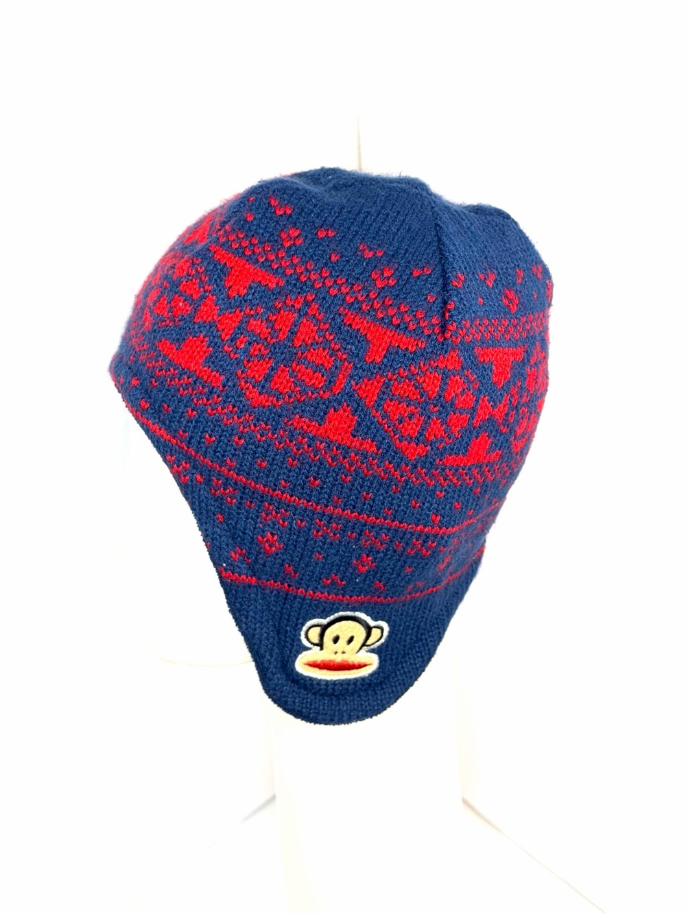 Paul Frank Navy & Red Patterned Kids Knit Hat with Monkey Patch